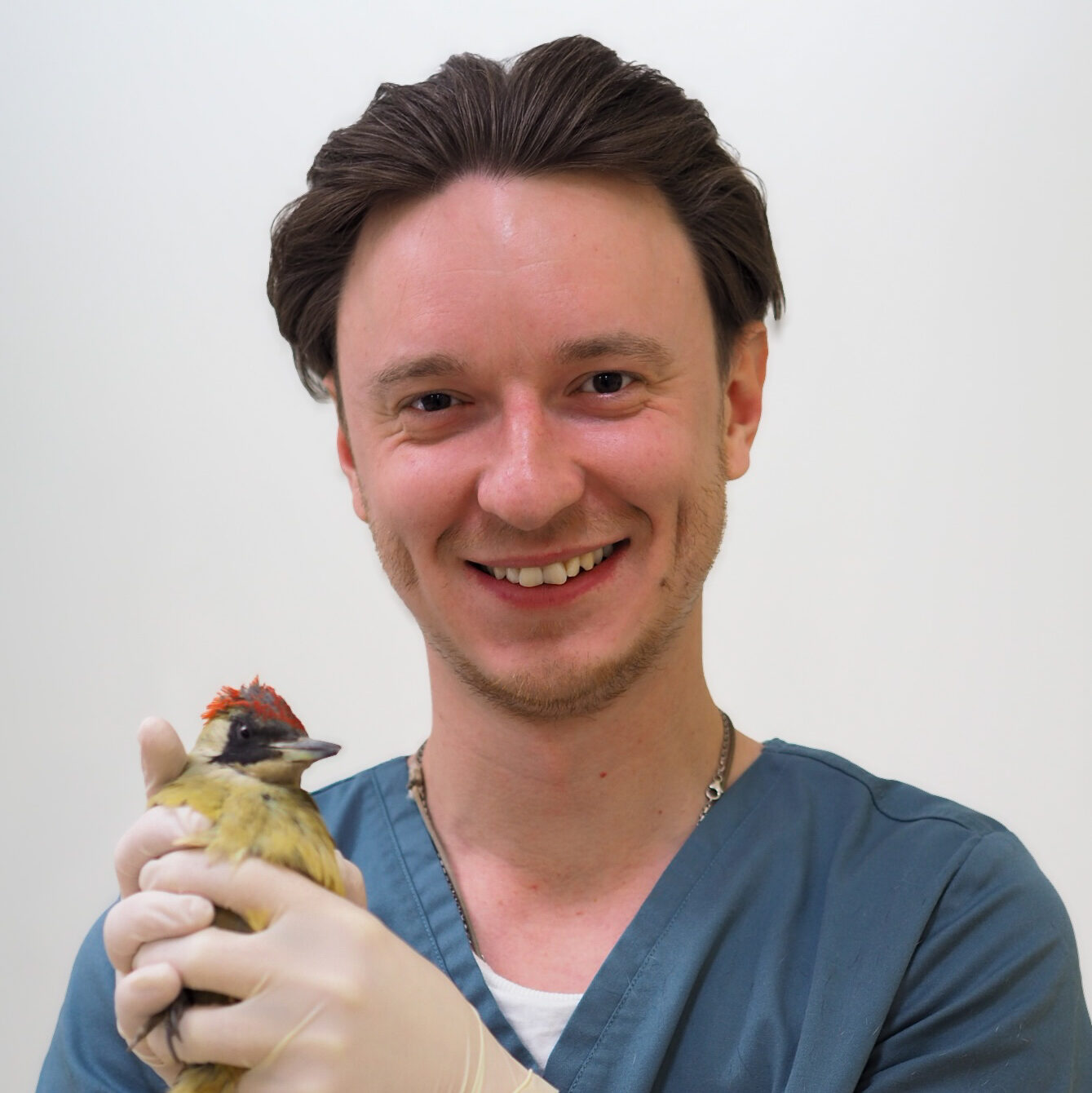 Portraitbild des Aushilfsstudenten Marvin Knirim, der einen Vogel in der Hand hält.